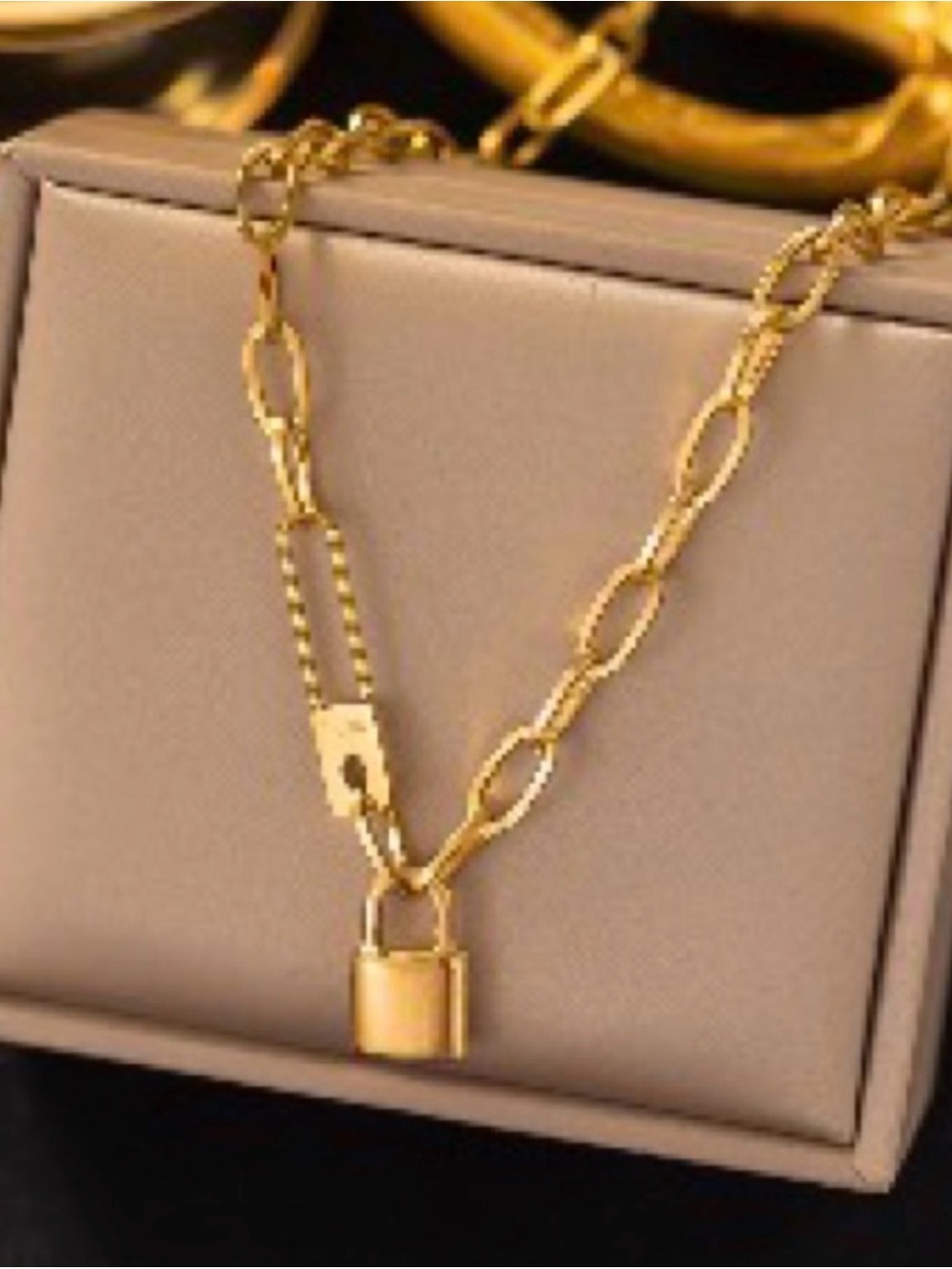 Multi layered 18k Gold plated Padlock Chain Necklace - Women's Jewelry